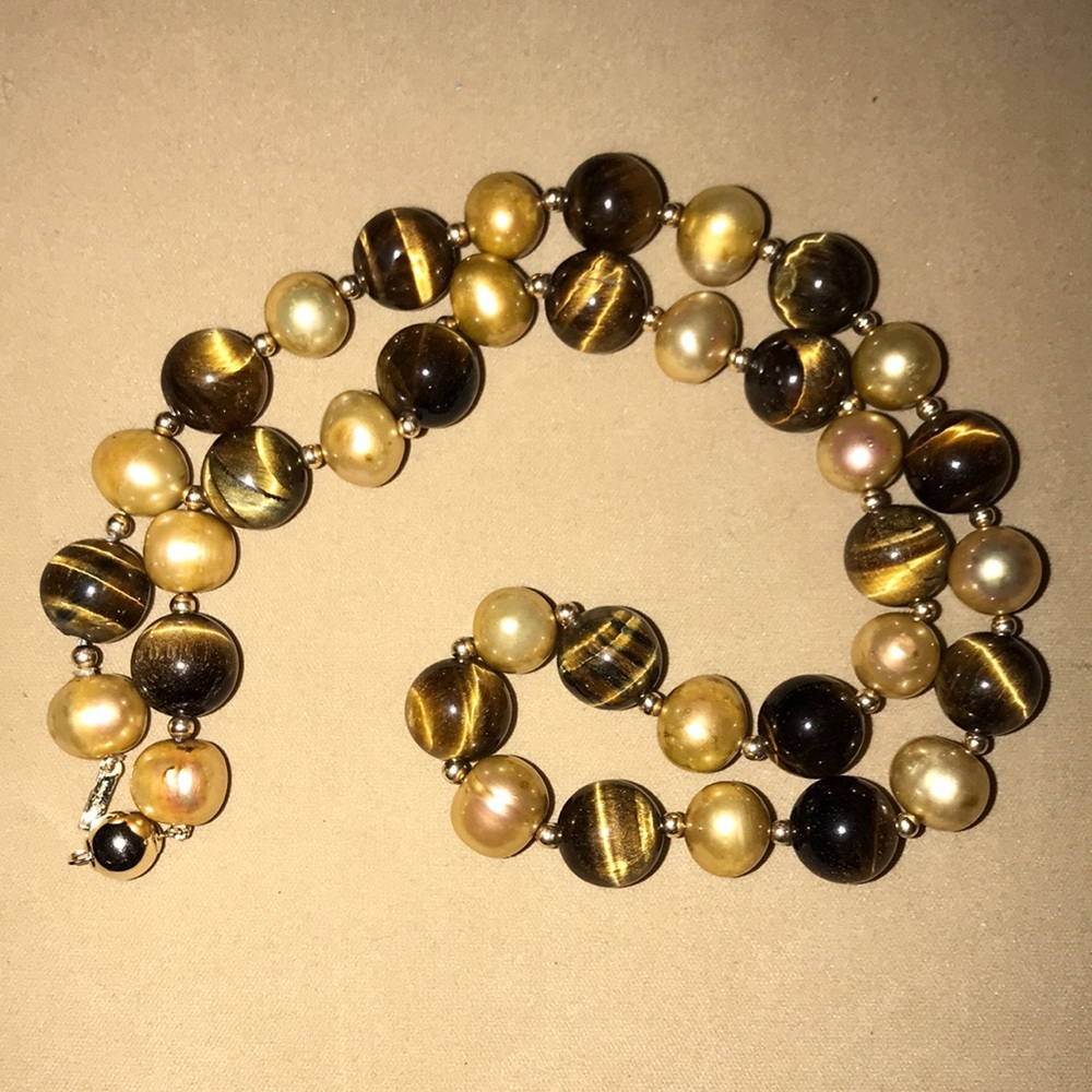 Ross-Simons Tiger Eye and Champagne Pearl Necklace